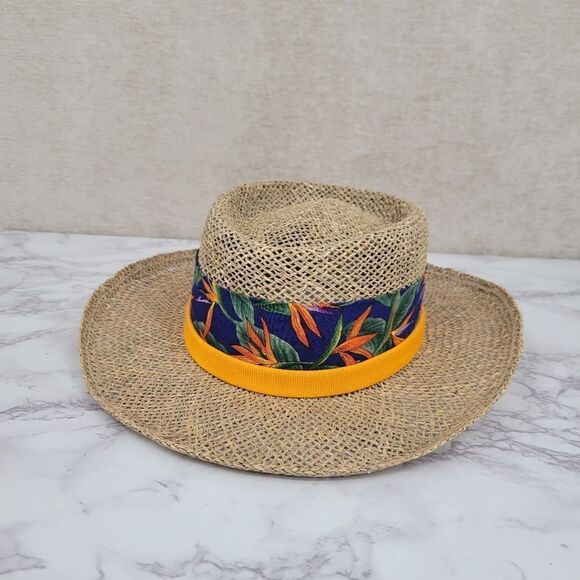 Hatlanta Vintage Straw Raffia Sun Hat Wide Brim Tropical Floral Band main image 7
